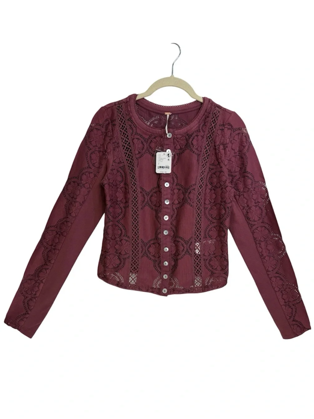 Free People Women's Button-Front Long-Sleeve Lace Top, Size SMALL